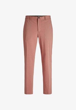 Light pink trousers made of soft fabric with a straight-fit design, featuring a front button closure and side pockets.