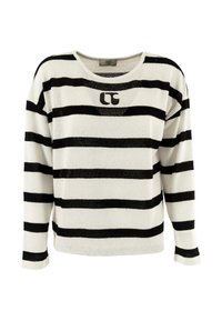 Maglione a righe in maglia con vestibilità ampia, caratterizzato da righe orizzontali bianche e nere alternate e un collo tondo. Piccolo logo sul petto.
