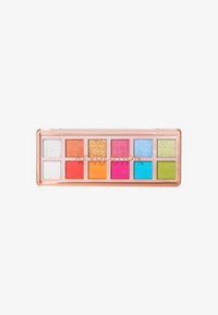 Øyeskyggepalett med 12 rektangulære panner. Inkluderer livlige farger: hvit, oransje, gull, rosa, blå, grønn, og en blanding av matte og shimmer-finish.