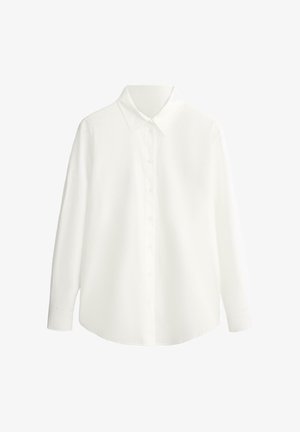Long-sleeve white button-up shirt with pointed collar and cuffs, displayed on a plain white background.