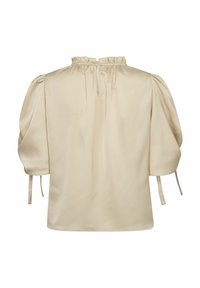 Beige satiinitoppi, jossa on koottu kaula-aukko, puffihihat ja solmittavat yksityiskohdat hihoissa. Silkkinen pinta, yksinkertainen muotoilu ja takana on avaus.