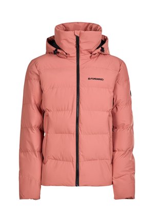 Rosa gepolsterte Jacke mit hohem Kragen, Kapuze und schwarzem Reißverschluss. Enthält ein Logo auf der linken Brust und ein strukturiertes gestepptes Design.