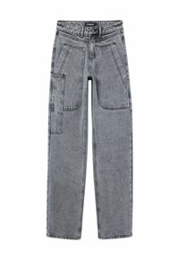 Jeans de denim gris claro con un corte relajado, que presentan grandes bolsillos frontales, un diseño de pernera recta y detalles de costura en contraste.