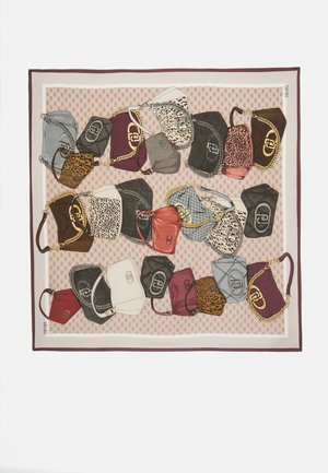 Sciarpa a pattern con vari design di borse in tonalità di grigio, marrone, rosso e stampa leopardata, con accenti metallici e spalline a catena.