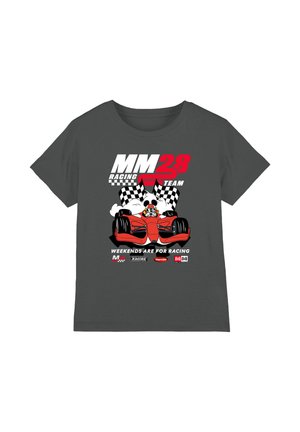 Dark gray t-shirt with red race car, driver, checkered flags, and text "MM28 Racing Team" and "Weekends are for racing" on front.