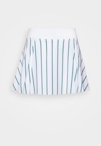 Minifalda plisada en tejido blanco con rayas verticales en color verde azulado. Presenta una cintura lisa y un diseño acampanado para facilitar el movimiento.