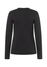 Schwarzes Langarmoberteil mit runder Ausschnitt, aus einem glatten Stoff gefertigt. Verfügt über ein körpernahes Design und dezente Nähte entlang der Nähte.