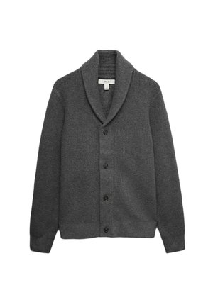 Grijze gebreide cardigan met een sjawlboord, zeven knopen aan de voorkant, geribbelde textuur en lange mouwen.