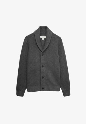 Cardigan grigio a maglia con colletto a scialle, sette bottoni sul davanti, texture a coste e maniche lunghe.