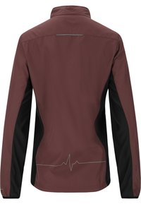 Veste imperméable bordeaux avec des panneaux latéraux noirs. Elle dispose d'un col montant et d'accents réfléchissants à l'arrière. Tissu léger.