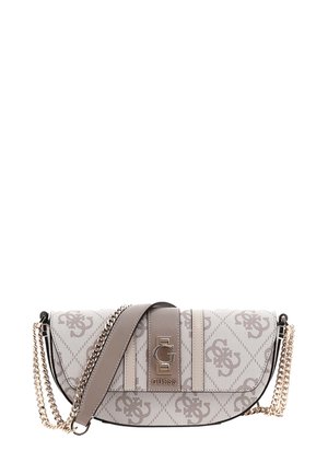 Borsa a tracolla Guess beige e taupe con motivo monogram, tracolla a catena dorata, dettagli in pelle e logo "G" in metallo sulla patta frontale.