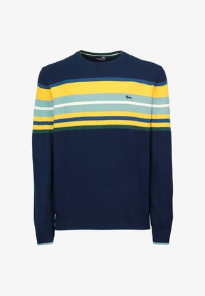 Navy blue sweater with horizontal stripes in yellow, green, teal, and white. Features a round neckline and a small logo on the chest.