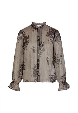 Chemisier transparent à manches longues avec rayures fines, superposition de dentelle florale noire, col et poignets volantés, et fermeture à boutons sur le devant.