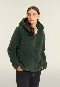 Giacca verde fuzzy con cappuccio e chiusura con zip, caratterizzata da una consistenza morbida e due tasche laterali, indossata su una maglietta bianca e abbinata a pantaloni scuri.