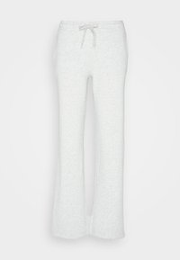 Lys grå buks med vide ben, snøring i midjen og myk, teksturert stoff, med et enkelt design uten mønstre eller detaljer.