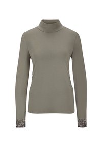 Olivengrünes Langarm-Turtleneck-Shirt mit strukturierten schwarzen blumenmusterbestickten Bündchen und seitlicher Raffung für eine figurbetonte Silhouette.