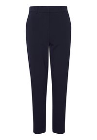 Navy trousers with a slim fit, made of a smooth fabric, featuring a flat front, belt loops, and tapered legs. No pockets visible.