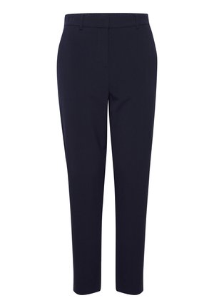 Pantalon bleu marine à coupe ajustée, en tissu lisse, avec une taille plate, des passants de ceinture et des jambes fuselées. Pas de poches visibles.