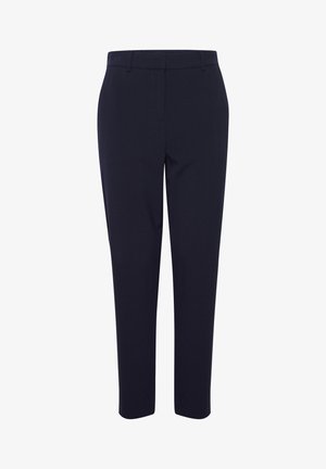 Pantaloni navy cu croială slim, realizați dintr-un material neted, cu fața plată, curea de pantaloni și picioare conice. Fără buzunare vizibile.
