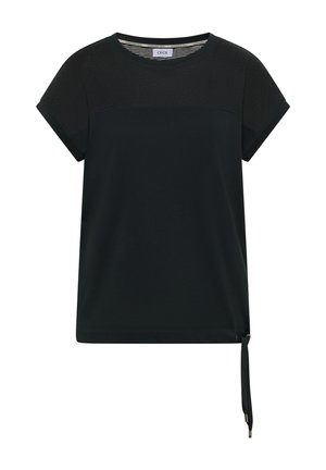 Schwarzes T-Shirt mit kurzen Ärmeln, strukturiertem oberen Einsatz, Rundhalsausschnitt, umgeschlagenen Ärmelbündchen und verstellbarem seitlichem Bindeband am Saum.