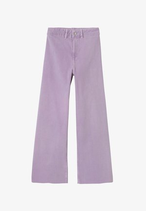 Pantalon lavande taille haute à jambes larges avec passants de ceinture, fermeture par bouton et détails de coutures avant, présenté sur fond blanc.