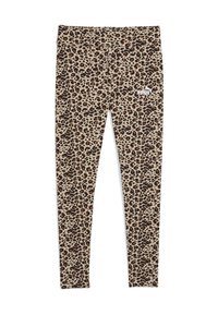 Leggings met luipaardprint op een tan-kleurige basis, met zwarte en bruine vlekken, en een klein wit logo op de tailleband. Gemaakt van rekbare stof.