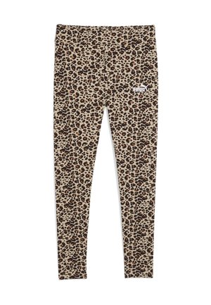 Leopard print leggings with a tan base, black and brown spots, and a small white logo on the waistband. Made from stretchy fabric.