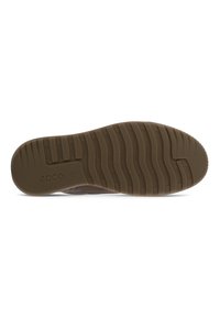 Suola di scarpa in gomma marrone con scanalature testurizzate e logo, caratterizzata da un colore marrone chiaro con bande più scure per la presa e la stabilità.