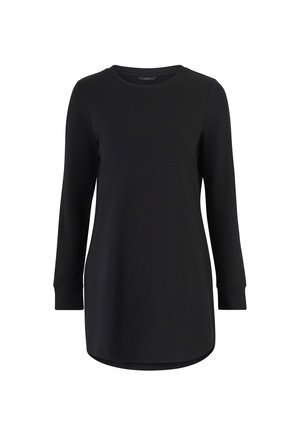 Black long-sleeve tunic made of soft fabric, featuring a rounded neckline, straight cut, and side slits at the hem for ease of movement.