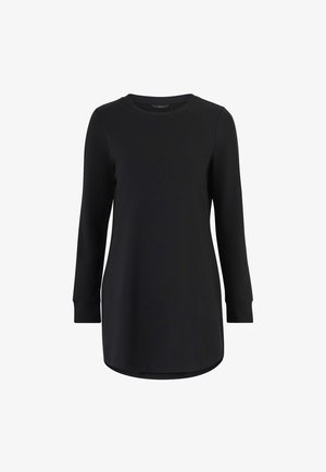 Zwarte lange mouwen tuniek van zacht stof, met een ronde halslijn, rechte snit en zijsplitten aan de onderkant voor optimaal bewegingsgemak.