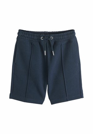 Marineblå atletiske shorts med elastisk taljebånd og snøre, forlommer og sømdetaljer på hvid baggrund.