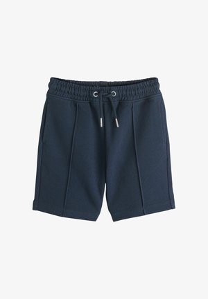 Pantaloni scurți atletici bleumarin cu talie elastică și șnur, buzunare frontale și detalii de cusătură pe un fundal alb.