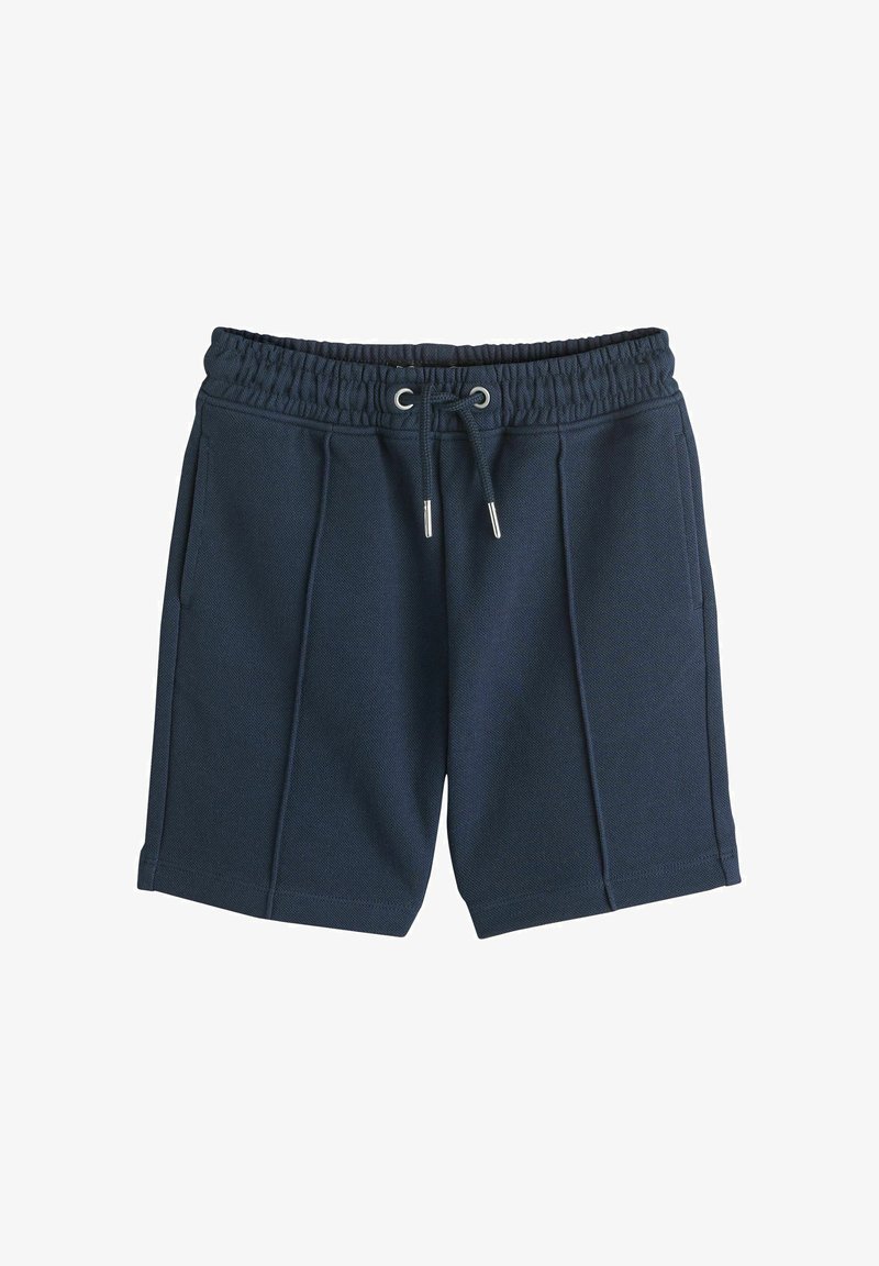 Shorts de sport bleu marine avec taille élastique et cordon de serrage, poches avant et coutures décoratives sur fond blanc.