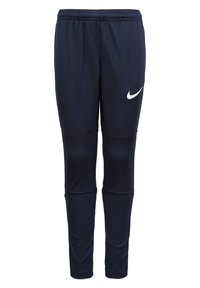 Pantaloni atletici Nike blu navy con vita elastica, gamba affusolata e logo bianco sulla coscia sinistra. Realizzati in tessuto leggero e liscio.