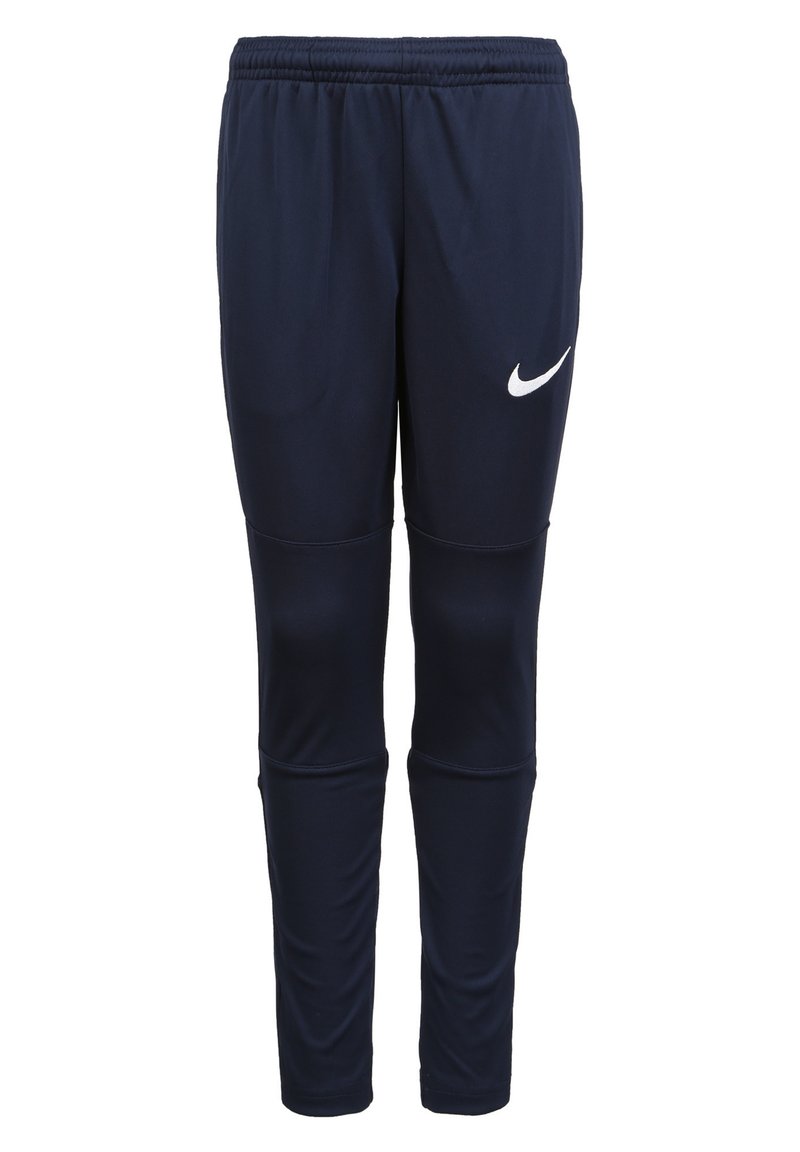Pantaloni atletici Nike blu navy con vita elastica, gamba affusolata e logo bianco sulla coscia sinistra. Realizzati in tessuto leggero e liscio.