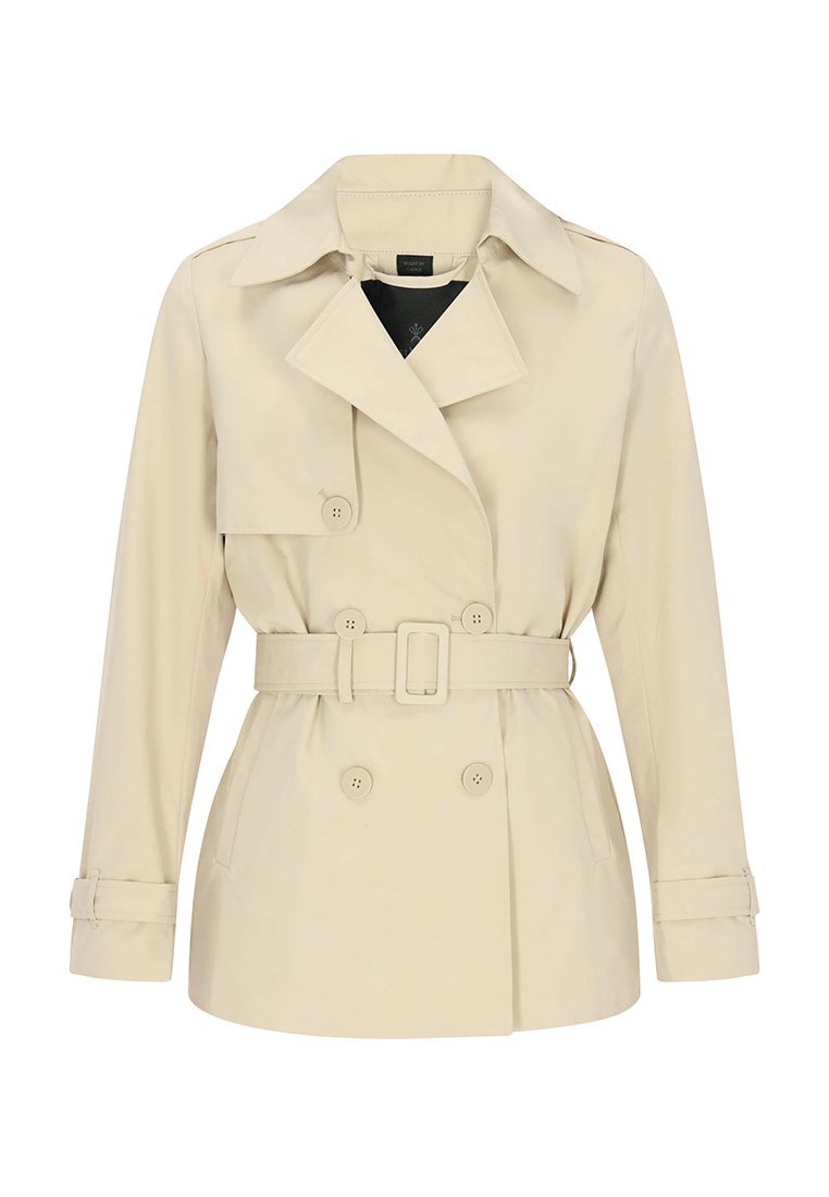 Beige trench coat with a double-breasted front, wide collar, belted waist, and buttoned cuffs, made from a lightweight, smooth material.