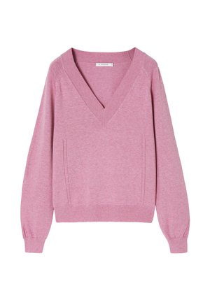 Roze v-hals trui met lange mouwen, geribde manchetten en zoom. Gemaakt van zacht, lichtgewicht materiaal met subtiele zijnaden.
