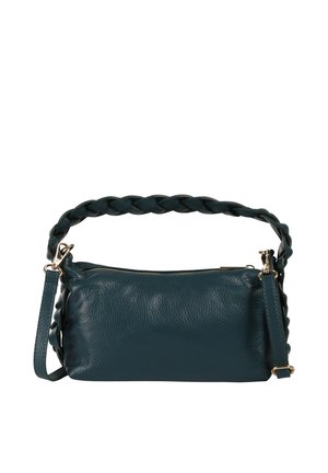 Donkergroene leren handtas met gevlochten handvat, goudkleurige hardware en een afneembare verstelbare schouderriem.