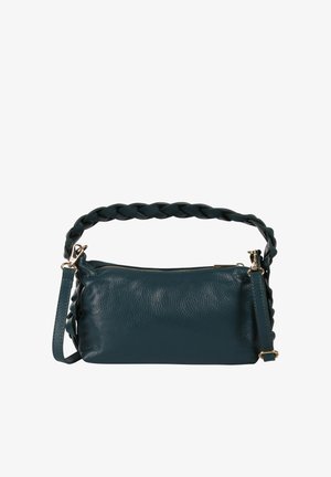 Sac à main en cuir vert foncé avec une anse tressée, des ferrures dorées et une bandoulière réglable et amovible.
