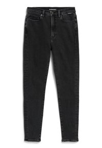 Jeans en denim noir à coupe slim, avec des poches avant, une fermeture à bouton supérieur et des coutures discrètes le long des coutures.