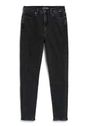 Jeans in denim nero con una vestibilità slim, dotati di tasche frontali, chiusura con bottone superiore e cuciture sottili lungo le cuciture.