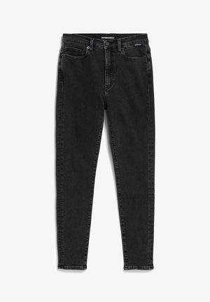 Black denim jeans with a slim fit, featuring front pockets, a top button closure, and subtle stitching along the seams.