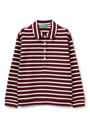 Langärmeliges Poloshirt mit horizontalen Streifen in Bordeaux und Weiß, vier Knöpfen und klassischem Kragen von United Colors of Benetton.