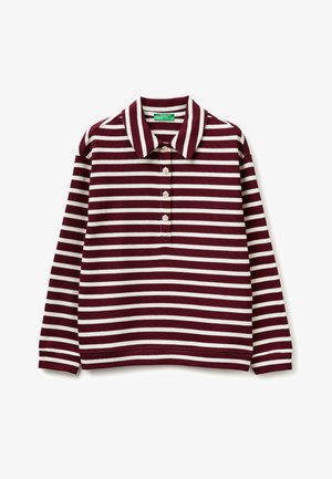 Polo a maniche lunghe a righe orizzontali marrone scuro e bianche con quattro bottoni e colletto classico di United Colors of Benetton.