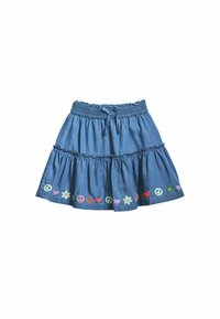 Denim szoknya rugalmas derékkal, réteges kialakítással és színes hímzett virágokkal és békejelek díszítik az alját.
