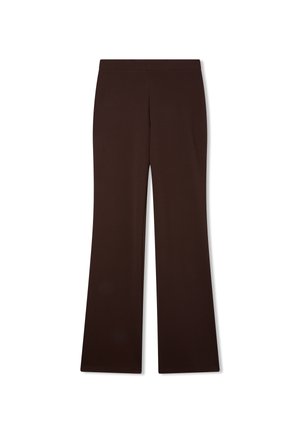Pantaloni dritti marroni scuri con vita media e senza tasche o decorazioni visibili su sfondo bianco.