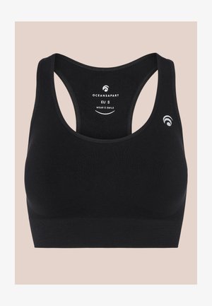 Zwarte sportbeha met een gladde textuur, racerback ontwerp en een logo-detail aan de voorkant. Gemaakt van rekbaar materiaal, geschikt voor actieve kleding.