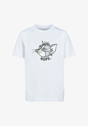 Weißes Baumwoll-T-Shirt mit einer Cartoon-Katzenillustration auf der Vorderseite und dem Wort "NOPE." in fetter schwarzer Schrift. Kurze Ärmel, Rundhalsausschnitt.