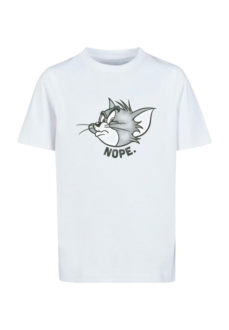 Vit bomull t-shirt med en tecknad kattillustration på framsidan och ordet "NEJ." i fet svart text. Korta ärmar, rundad hals.