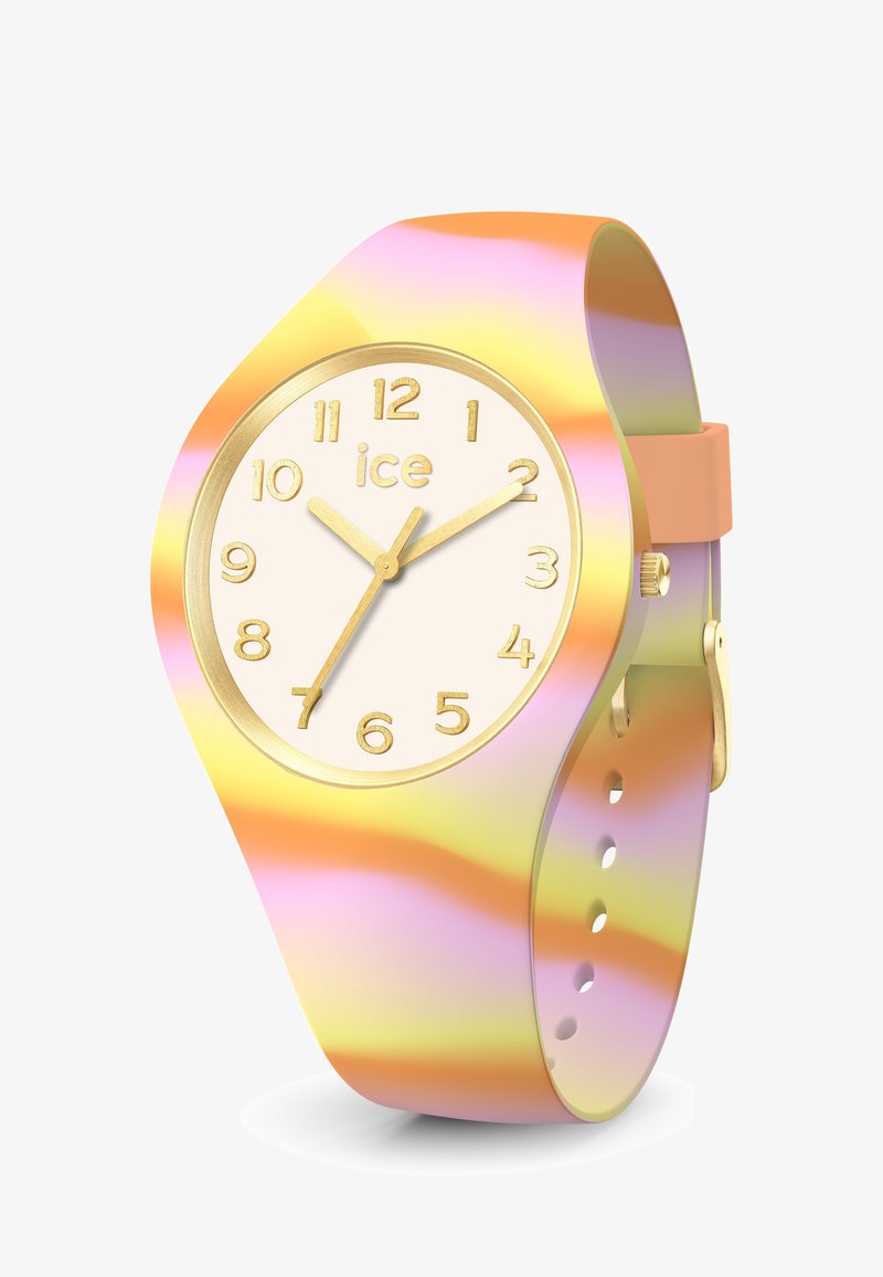 Spīdīga pulksteņa ar pastelīgu gradienta silikona jostu, zelta stundu marķieriem un krēmkrāsas ciparnīcu; īpašības ietver vienkāršu apaļu seju un zelta rādītājus.
